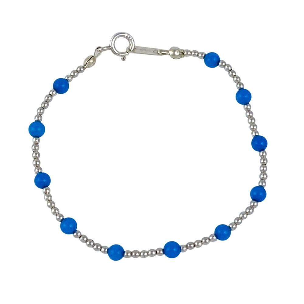 Vintage Sterling Silver 925 Blue Glass Bead Bracelet  | 90's Jewelry | 7"